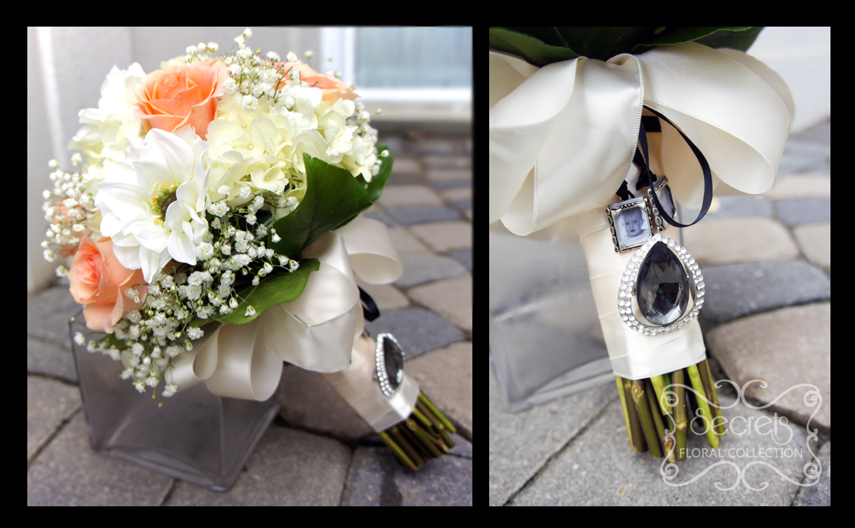 Fresh Peach Roses White Dahlia Cream Hydrangea And Baby S Breath Fresh Peach Roses White Dahlia Cream Hydrangea And Baby S Breath Bridal Bouquet With Ivory Multi Loops Wrap Black Jewel Sentimental Photo Frames