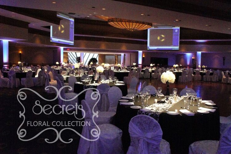 Black Guest Tables With Damask Runners And White Brocade